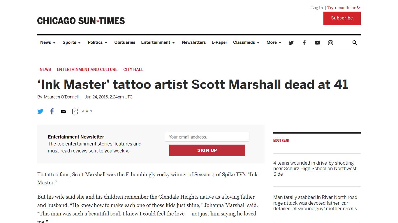 ‘Ink Master’ tattoo artist Scott Marshall dead at 41